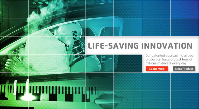 Example green/blue grid custom header depicting airbag solutions and CTA