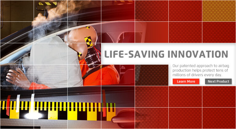 Example red grid custom header depicting airbag solutions and CTA