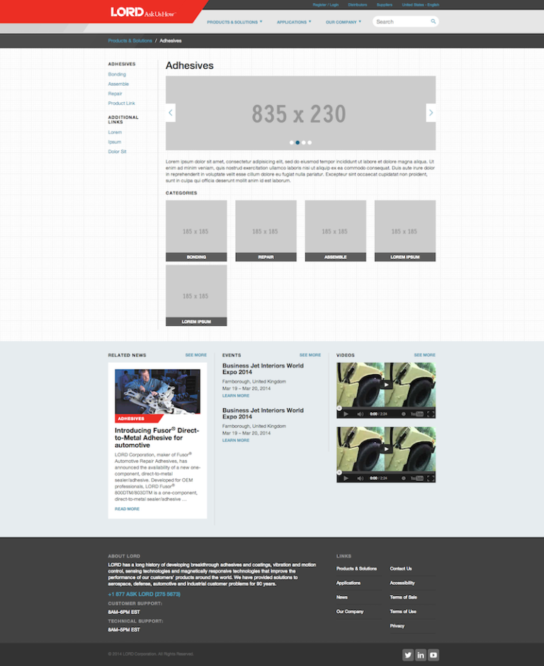 Manufacturing company website redesign hi-fi wireframe for product family page template