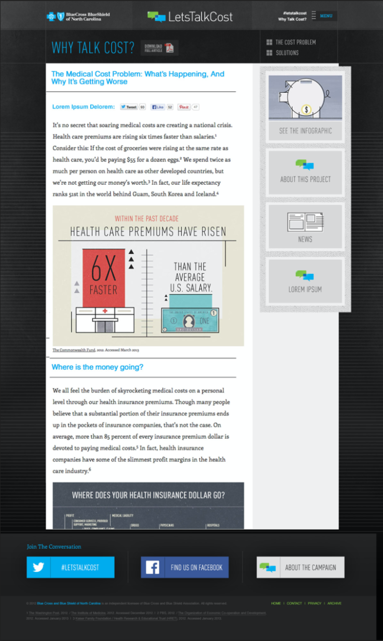 Website mock-up of blog layout to discuss rising cost of medical care