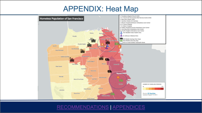 Heat map depicting concentrations of populations experiencing homelessness to inform service recommendations.