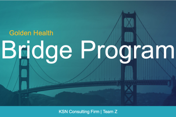 Title Slide for NAHSE case competition proposal addressing healthcare and housing instability in California's Bay Area. Text reads: [Line 1] Golden Health [Line 2] Bridge Program [Line 3] KSN Consulting Firm | Team Z